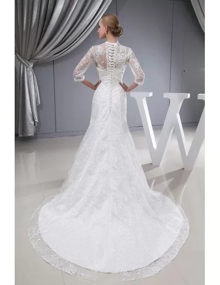 3/4 Lace Sleeves Fitted Mermaid Long Wedding Dress Corset Back