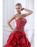 Red Strapless Embroidery Pickups Color Wedding Dress
