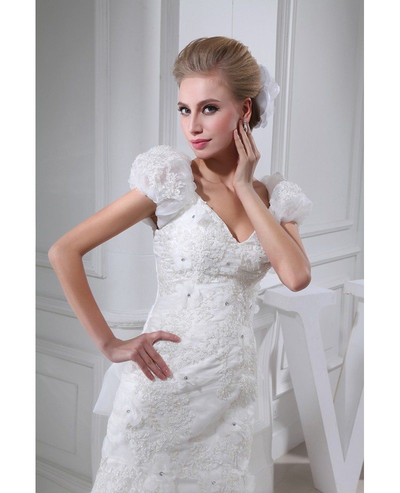 Pretty Lace Flowers Bubble Sleeves Mermaid Wedding Dress #OPH1320 $269 ...