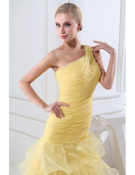 Gold Colored Organza One Shoulder Ruffle Formal Dress
