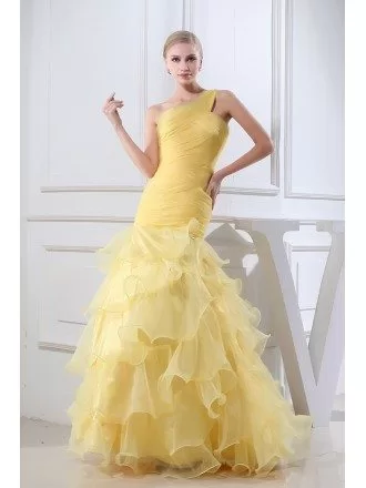 Gold Colored Organza One Shoulder Ruffle Formal Dress
