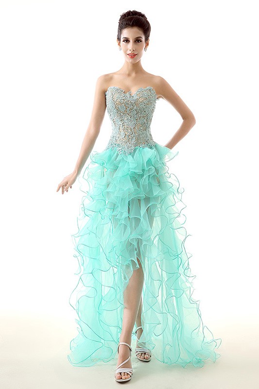 A Line Sweetheart Asymmetrical Tulle Prom Dress With Appliques Lace Cascading Ruffles Cy0197 3699