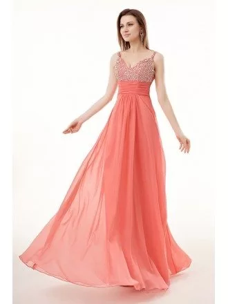 Beautiful Watermelon Beaded Strap Empired Chiffon Long Prom Dress