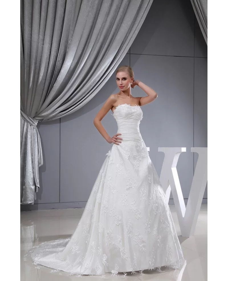 Strapless Lace Tulle Long Train Wedding Dress #OPH1341 $269 - GemGrace.com