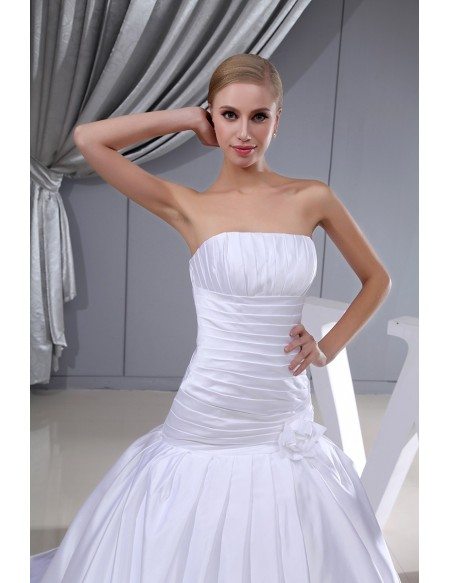 Pleated White Satin Long Mermaid Wedding Dress Strapless