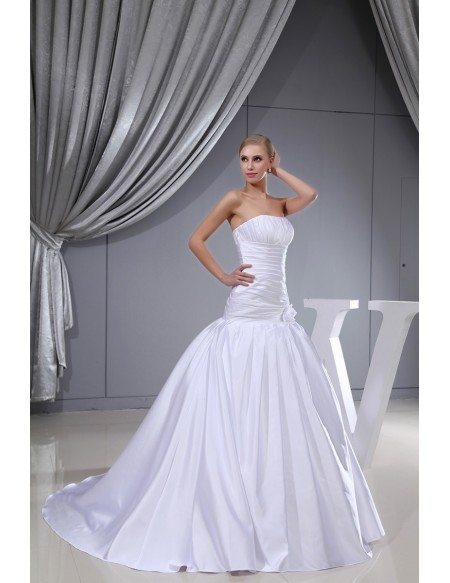 Pleated White Satin Long Mermaid Wedding Dress Strapless