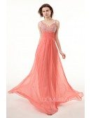 Beautiful Watermelon Beaded Strap Empired Chiffon Long Prom Dress