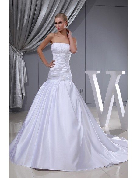Pleated White Satin Long Mermaid Wedding Dress Strapless