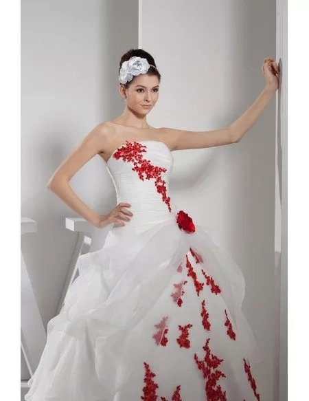 Gorgeous Red and White Lace Organza Wedding Dress Strapless