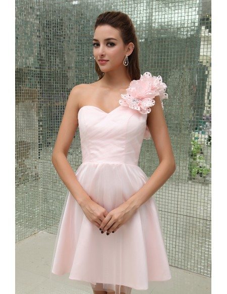 A-line One-shoulder Short Satin Homecoming Dress With Flowers