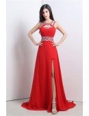 A-line Scoop Court-train Prom Dress with Beading