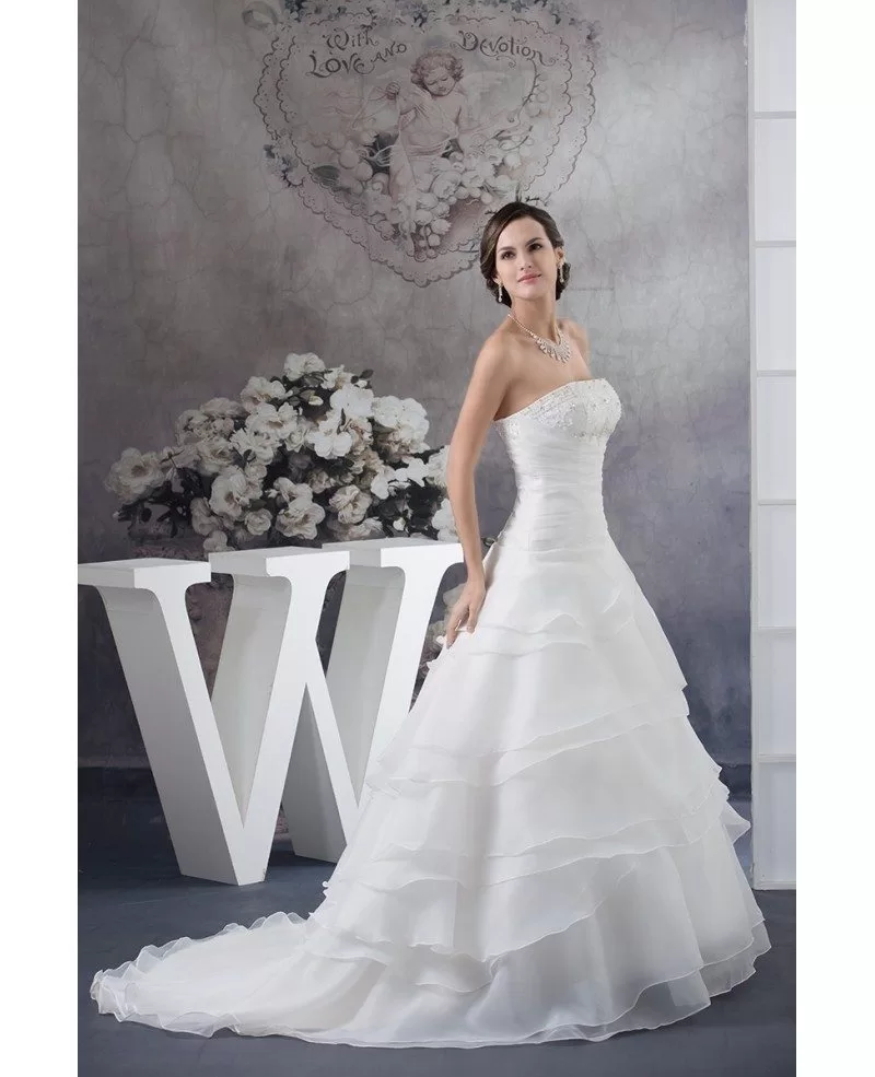 Strapless Ball Gown Beaded Tiered Organza Wedding Dress with Beading #
