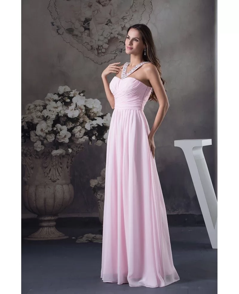 A Line Halter Floor Length Chiffon Prom Dress With Beading Op