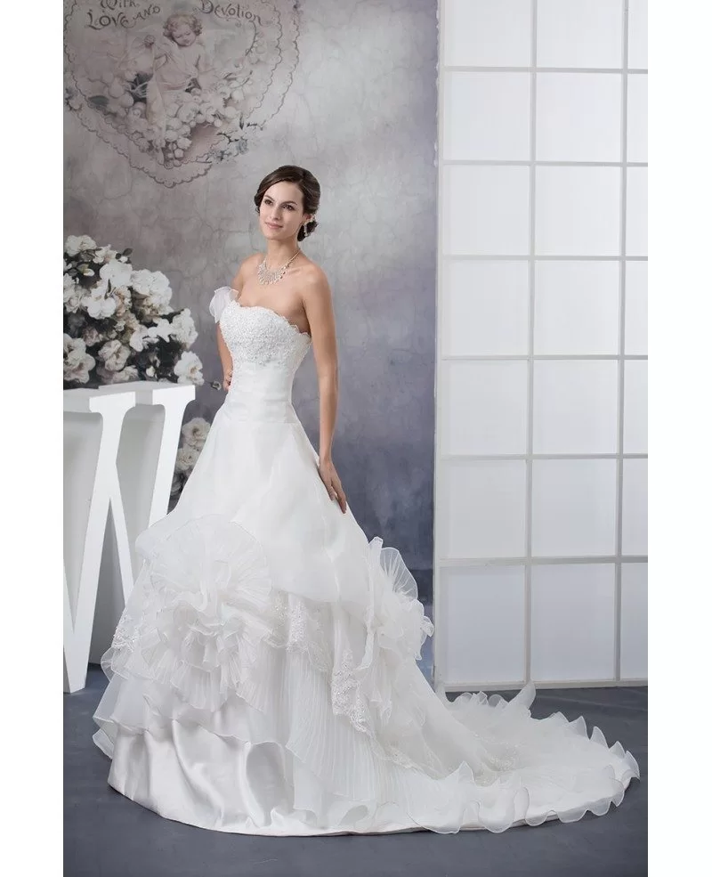 Long White Lace Beaded Strapless Tiered Organza Wedding Dress With Train Oph1394 3189 