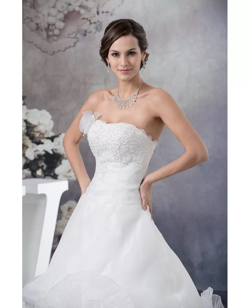Long White Lace Beaded Strapless Tiered Organza Wedding Dress With Train Oph1394 3189 