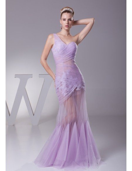 One Shoulder See Through Sexy Tulle Lace Prom Dress in Light Purple Color