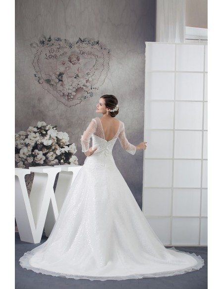 Sequined Three Quarter Sleeves Organza Ballgown Wedding Dress