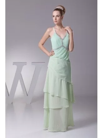 Beaded Long Layered Chiffon Sage Green Mother of the Bride Dress with Spaghetti Straps