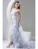 Strapless Grey Organza Cascading Ruffles Split Front Formal Dress