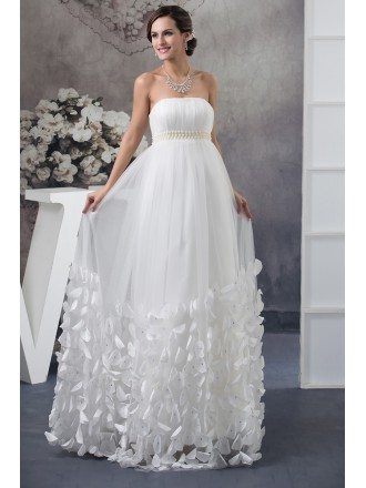 Strapless Beaded Pearls Tulle Maternity Wedding Dress with Petals