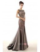 Mermaid Scoop Neck Sweep Train Tulle Evening Dress With Beading Sequins