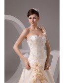 Champagne One Shoulder Embroidered Flowers Wedding Dress with Corset