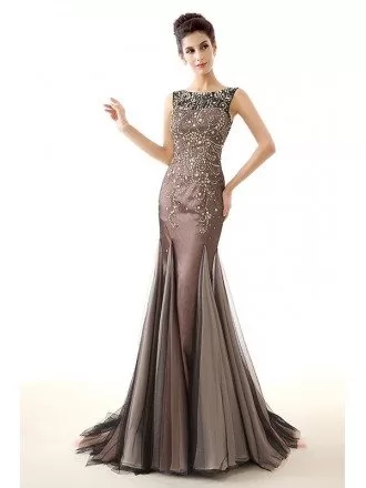 Mermaid Scoop Neck Sweep Train Tulle Evening Dress With Beading Sequins