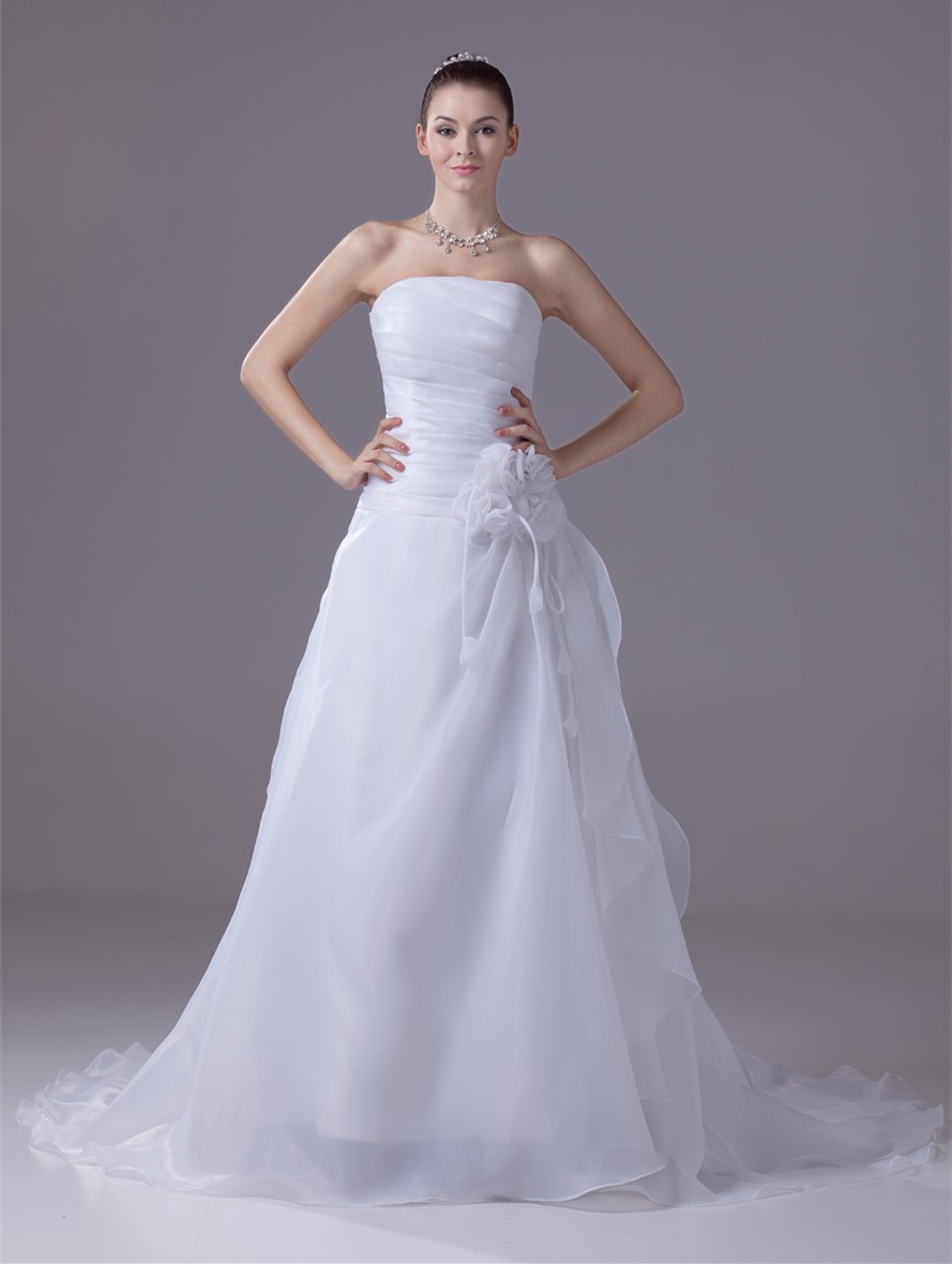 Strapless Pleated Organza Aline Wedding Dress with Flower #OPH1111 $242 ...