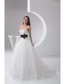 White with Black Sash Long Tulle Wedding Dress Embroidered