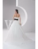White with Black Sash Long Tulle Wedding Dress Embroidered