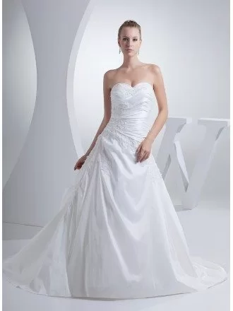 Pure White Pleated Taffeta Lace Wedding Dress Sweetheart