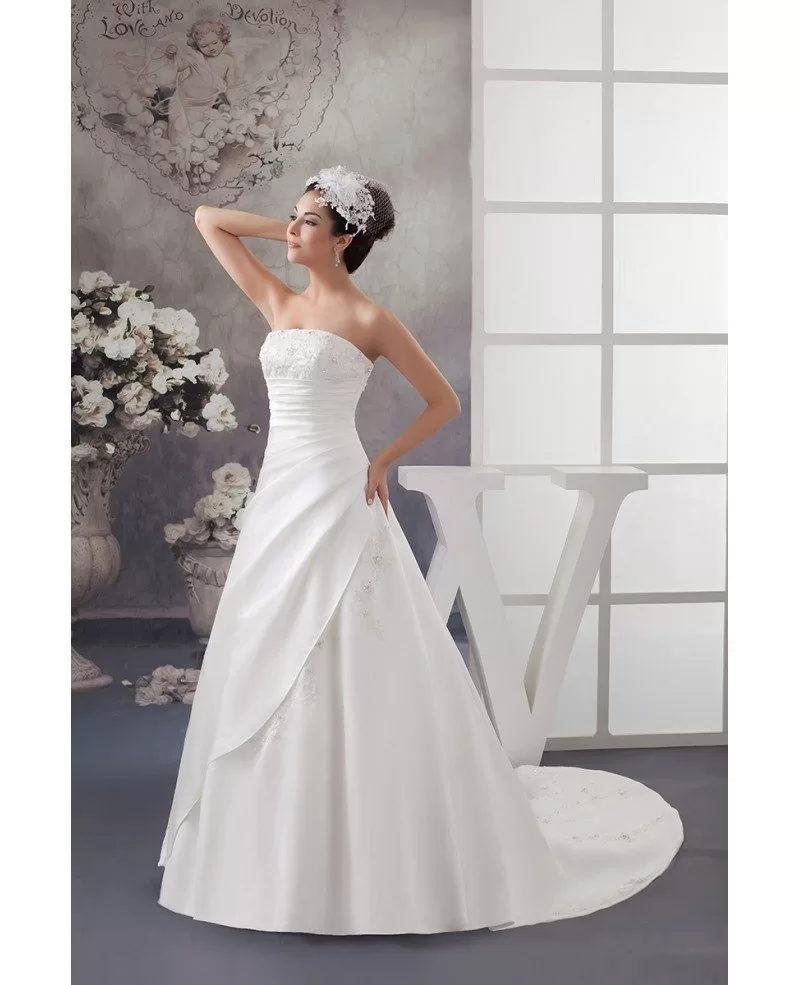 Strapless Lace Pleated Beaded Satin Wedding Dress with