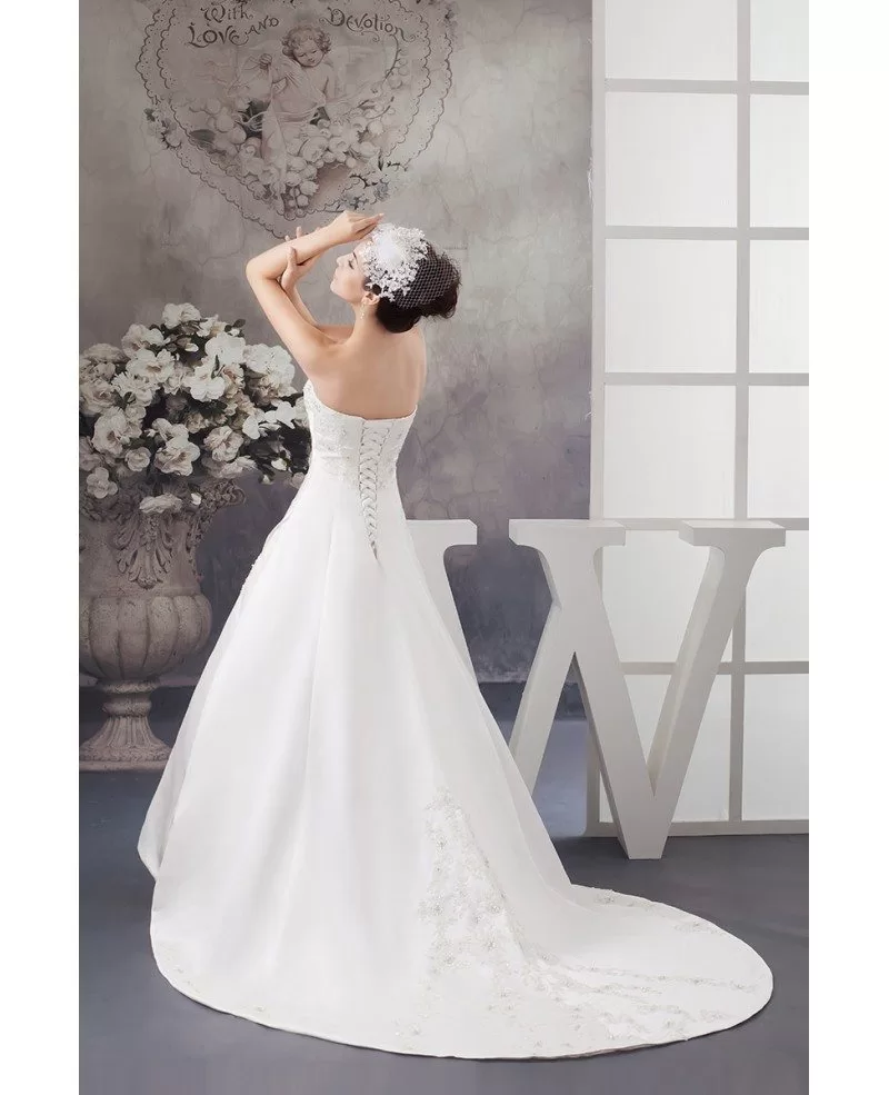Strapless Lace Pleated Beaded Satin Wedding Dress with