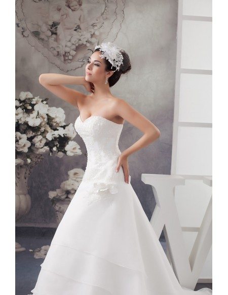 Sequined Lace Aline Tiered Organza Wedding Dress Sweetheart