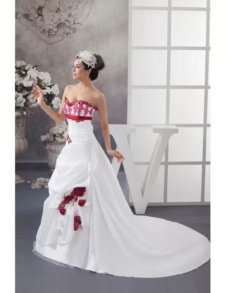 White and Red Flowers Color Wedding Dress Sweetheart