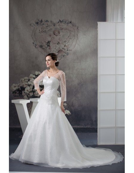 Sequined Three Quarter Sleeves Organza Ballgown Wedding Dress