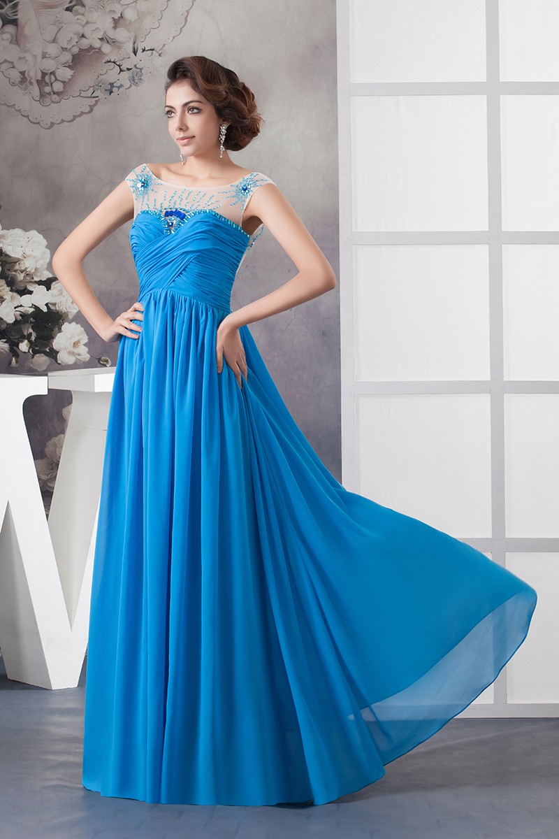 Chiffon Blue Scoop Neck Long Pleated Prom Dress With Sheer Beading Top ...