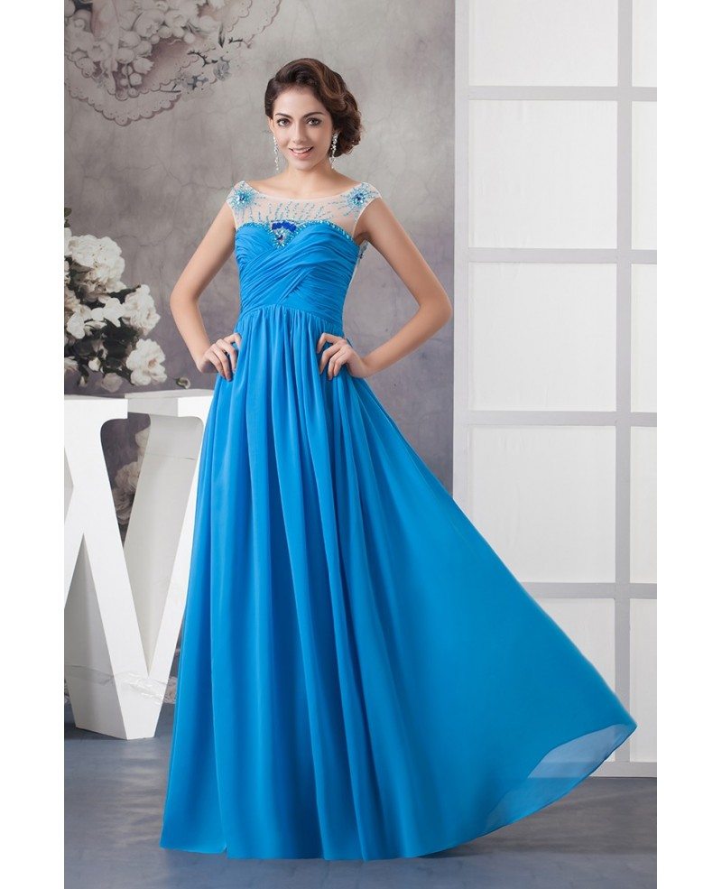 Chiffon Blue Scoop Neck Long Pleated Prom Dress With Sheer Beading Top OP41017 155.6 GemGrace