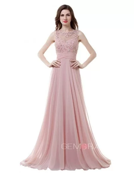A-Line Scoop Neck Sweep Train Chiffon Prom Dress With Beading Applique Lace