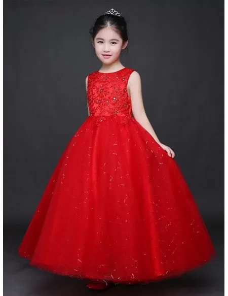 Long Shining Embroidered Hot Red Ballroom Tulle Pageant Dress