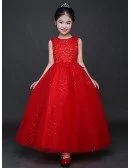 Long Shining Embroidered Hot Red Ballroom Tulle Pageant Dress
