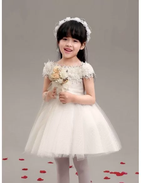 Short Red Gauze Flower Girl Dress with Lace Wrap Shoulders