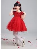 Short Red Gauze Flower Girl Dress with Lace Wrap Shoulders