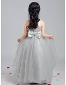 Long Grey Tulle Folded Flower Girl Dress with Bow Sash