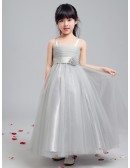 Long Grey Tulle Folded Flower Girl Dress with Bow Sash
