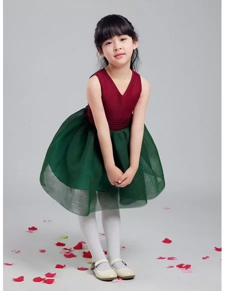 Green and Red Mesh Gown Pageant Dress for Little Girls