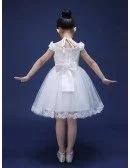 Short White Lace Tulle Bow Back Flower Girl Dress with Cap Sleeves