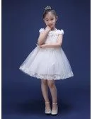 Short White Lace Tulle Bow Back Flower Girl Dress with Cap Sleeves
