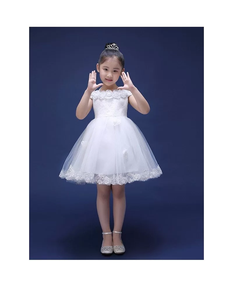 Short White Lace Tulle Bow Back Flower Girl Dress with Cap Sleeves ...