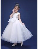 Long Tulle Lace Bow Sequined Flower Girl Dress
